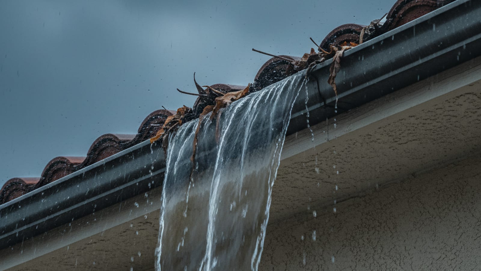 Overflowing rain gutter with water spilling over the edge during a rainstorm hitting a San Diego stucco wall