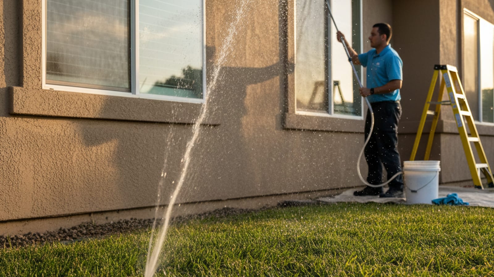Sprinkler spraying water across a residential lawn with droplets hitting a window illustrating hard water overspray