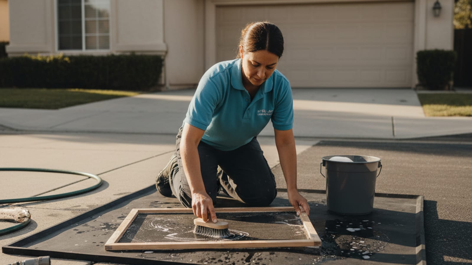 Homeowner gently washing a removed window screen flat on a driveway with a soft brush and soapy bucket