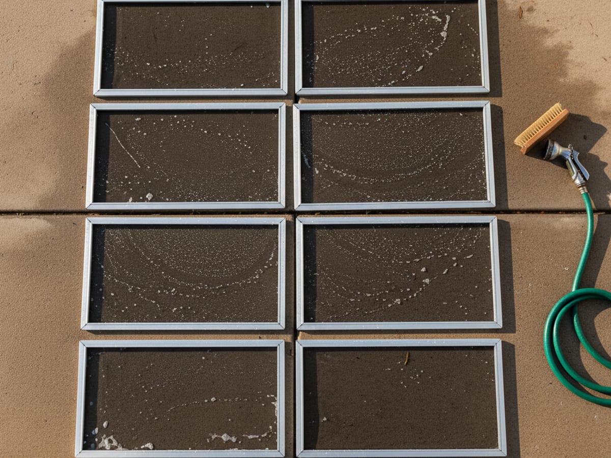 Window screens laid out on a residential driveway in San Diego drying after a soapy wash