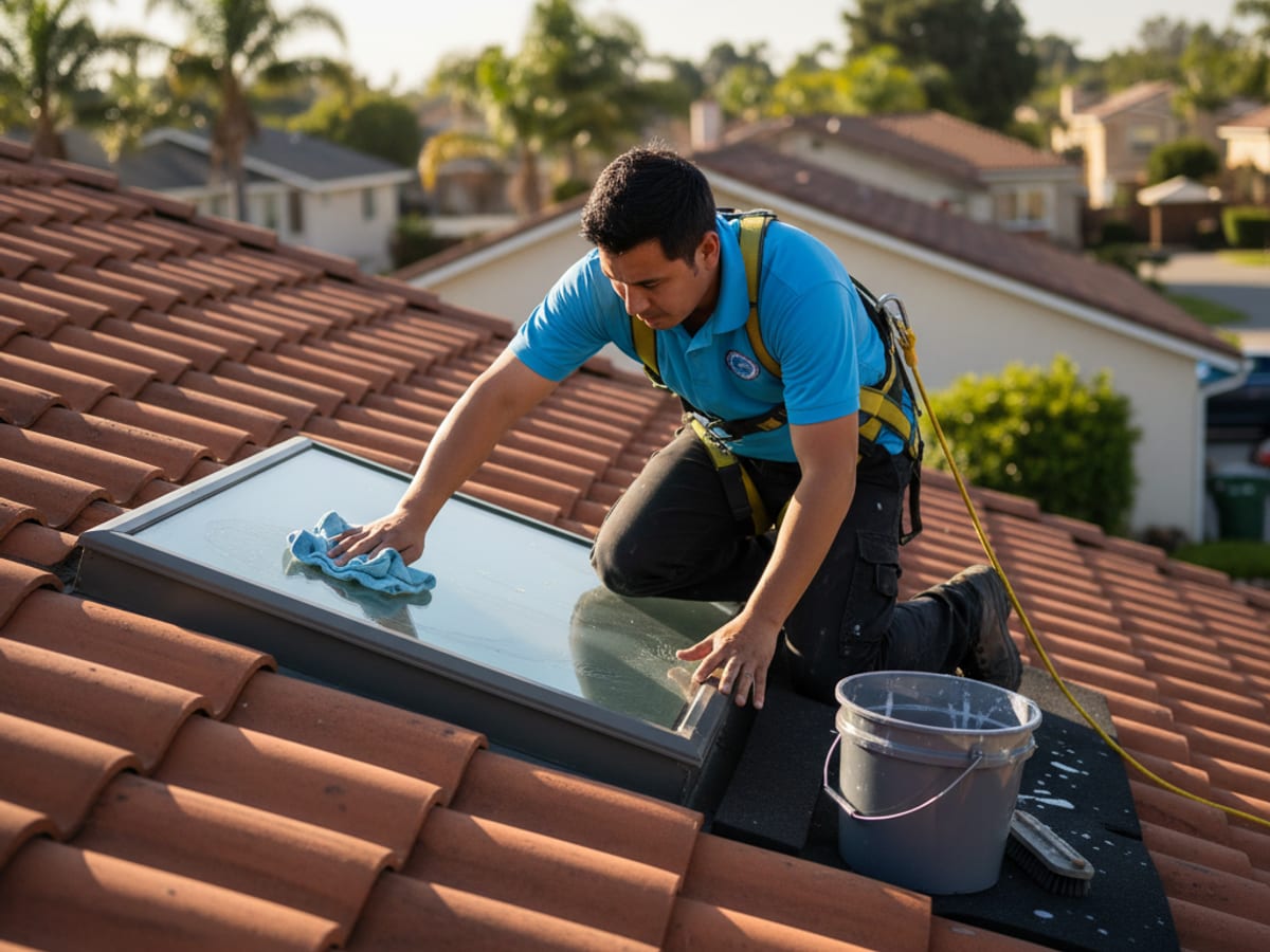 Sunlight pouring through a freshly cleaned skylight onto the floor of a San Diego home